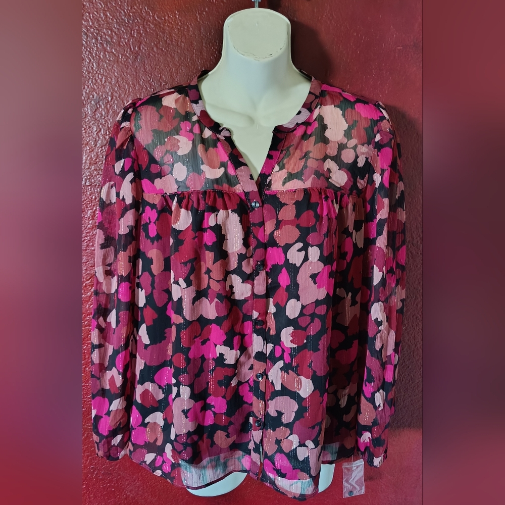 Zac & Rachel Black Beauty Button Down Pattern Blouse size L